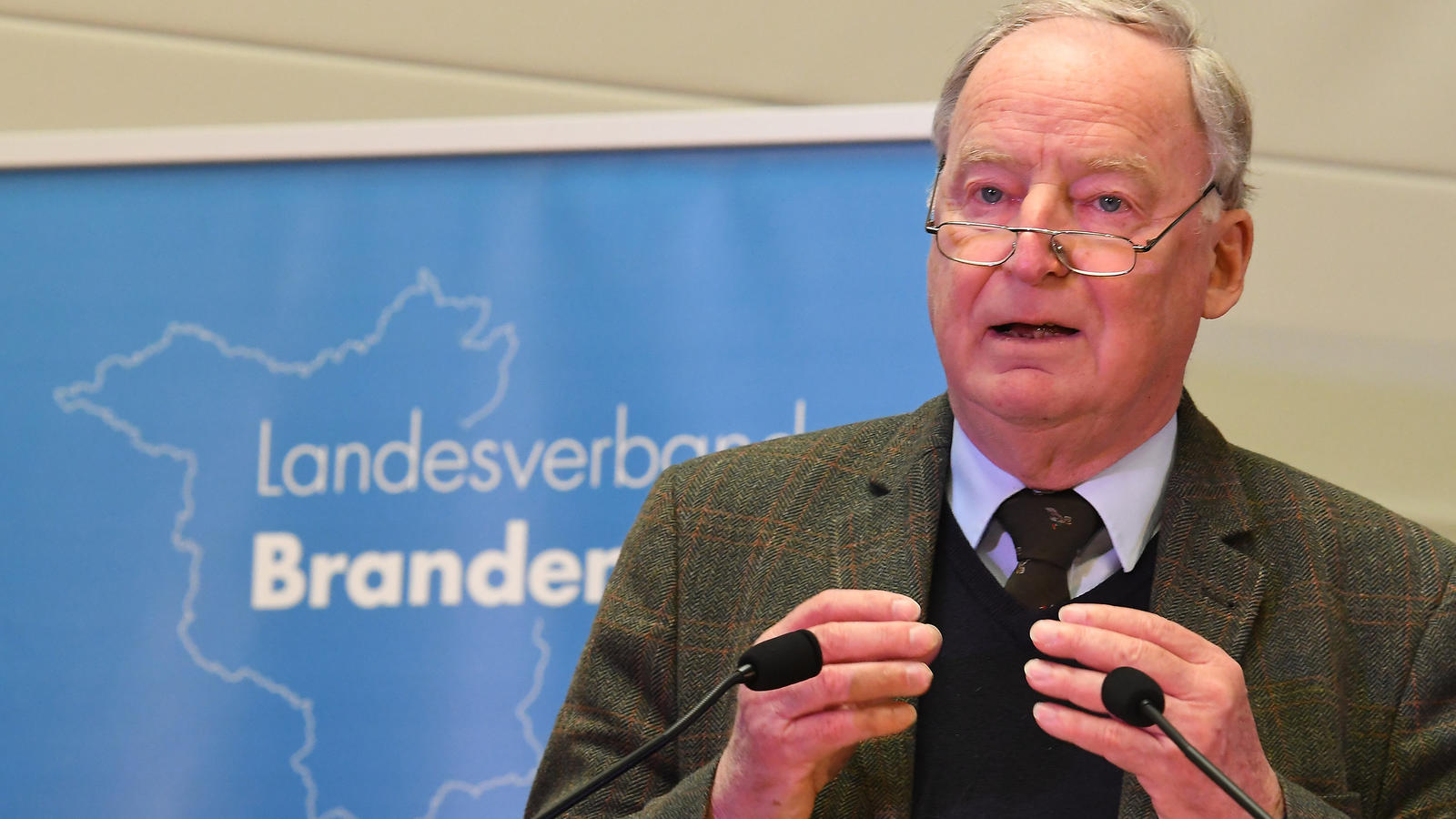 AfD-Bundesparteitag in Köln: Hier droht Streit - innerhalb und außerhalb der Partei Der Landesvorsitzende Alexander Gauland spricht am 08.04.2017 in Frankfurt (Oder) (Brandenburg) auf dem Landesparteitag der AFD.