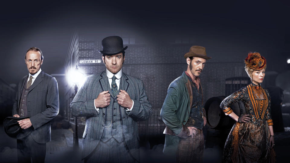 Ripper Street Picture shows: (L-R) Rose (CHARLENE MCKENNA), Detective Sergeant Bennet Drake (JEROME FLYNN), Detective Inspector Edmund Reid (MATTHEW MACFADYEN) and Captain Homer Jackson (ADAM ROTHENBERG), and Long Susan (MYANNA BURING)© Tiger Aspect