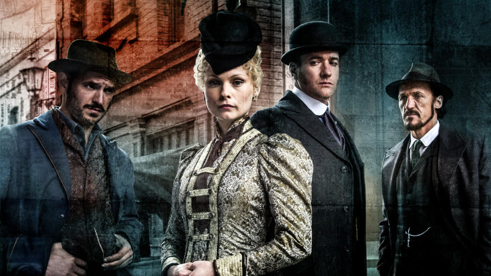 Ripper Street Picture shows: 'Ripper Street' series 3 key-art. Homer Jackson (ADAM ROTHENBERG), Long Susan (MYANNA BURING), Detective Inspector Edmund Reid (MATTHEW MACFADYEN) and Detective Sergeant Bennet Drake (JEROME FLYNN)