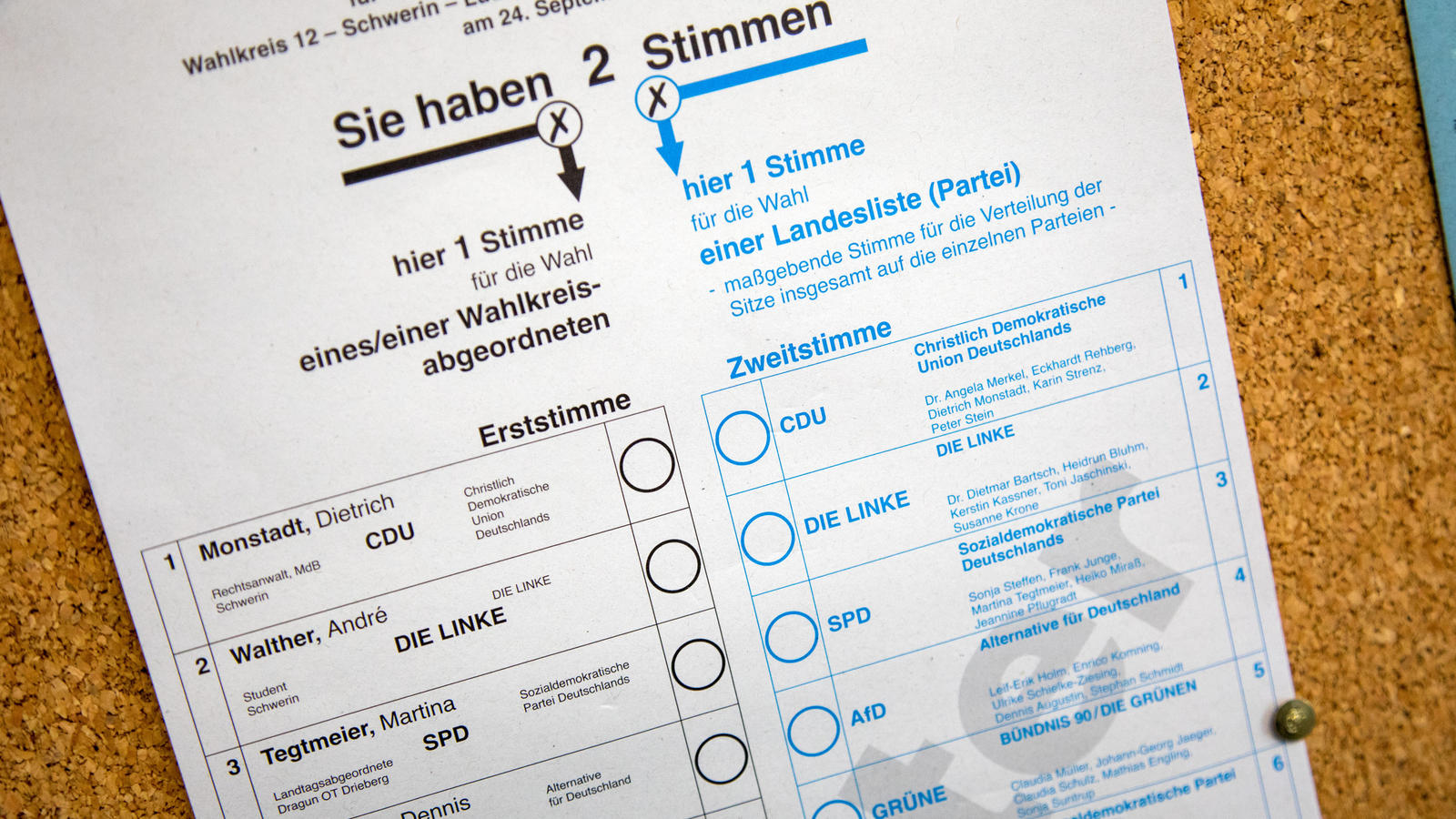 Bundestagswahl bald nur noch alle fünf Jahre? Ein Musterwahlschein für den Wahlkreis 12 hängt am 12.09.2017 im Stadthaus in Schwerin (Mecklenburg-Vorpommern) im Briefwahllokal. Die Briefwahl erfreut sich in Mecklenburg-Vorpommern wachsender Beliebtheit. Tausende wollen bereits vor dem 24. Septem