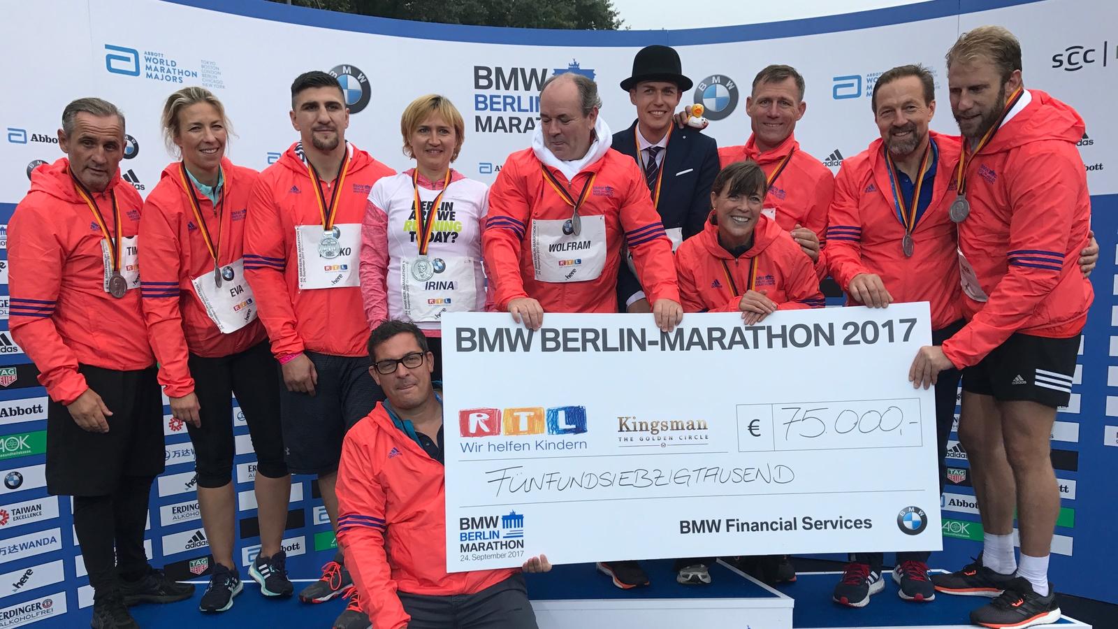 44. BMW Berlin Marathon: VIP-Charity Staffel wird mit 75.000 Euro belohnt! Die Charity-Staffel beim 44. BMW Berlin Marathon konnte 75.000 Euro für RTL - Wir helfen Kindern erlaufen.