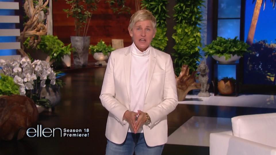 Auftritt zum Auftakt der 18. "Ellen"-Staffel Ellen DeGeneres bezieht sarkastisch Stellung zu Vorwürfen