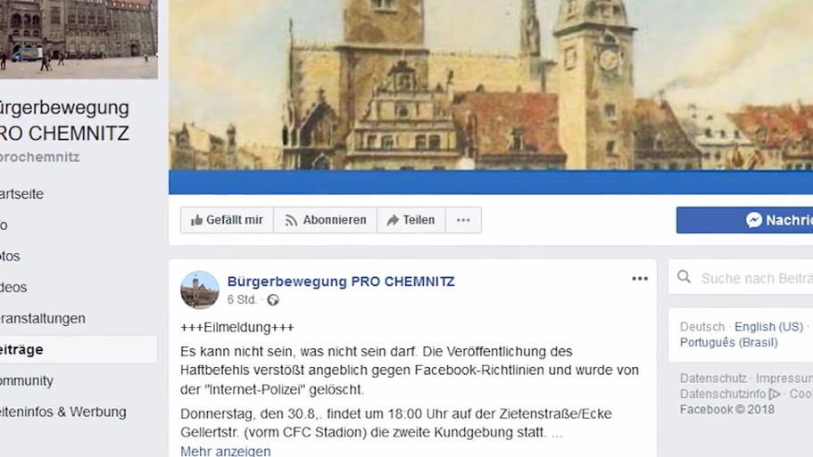 Rechte Gruppen in Chemnitz posteten diese Erklärung, nachdem der mutmaßliche Haftbefehl gegen einen Iraker gelöscht wurde.