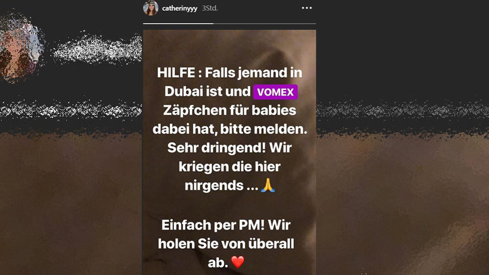 Cathy Hummels bittet ihre Follower auf Instagram um Hilfe. Sie sucht Zäpfchen für ihren kranken Sohn.