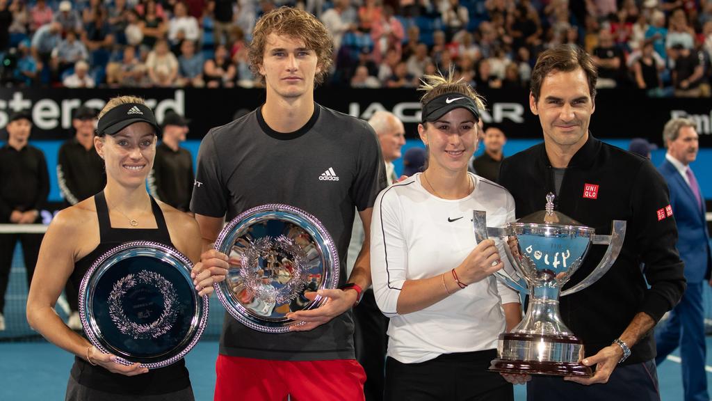 L-R. Sieger Belinda Bencic und Roger Federer, Finalisten Angelique Kerber, Alexander Zverev, Mixed Doubles Siegerehrung, Praesentation Tennis - Hopman Cup 2019 - ITF - RAC Arena - Perth - Western Australia - Australia - 5 January 2019. Â *** L R Winn