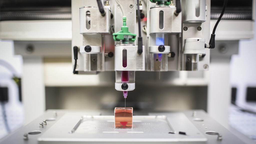 15.04.2019, Israel, Tel Aviv: Ein 3D-Drucker der Universität Tel Aviv arbeitet an der Erstellung eines Herzens aus menschlichem Gewebe. Israelische Forscher haben mit einem 3D-Drucker ein Mini-Herz aus menschlichem Gewerbe erzeugt. Foto: Ilia Yefimov