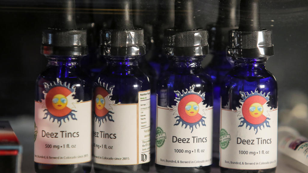 Products are displayed at Dorothy Stepnowska's Flower Power Coffee House, a CBD cafe, in the Queens borough of New York City, U.S., March 6, 2019. Picture taken March 6, 2019. REUTERS/Brendan McDermid