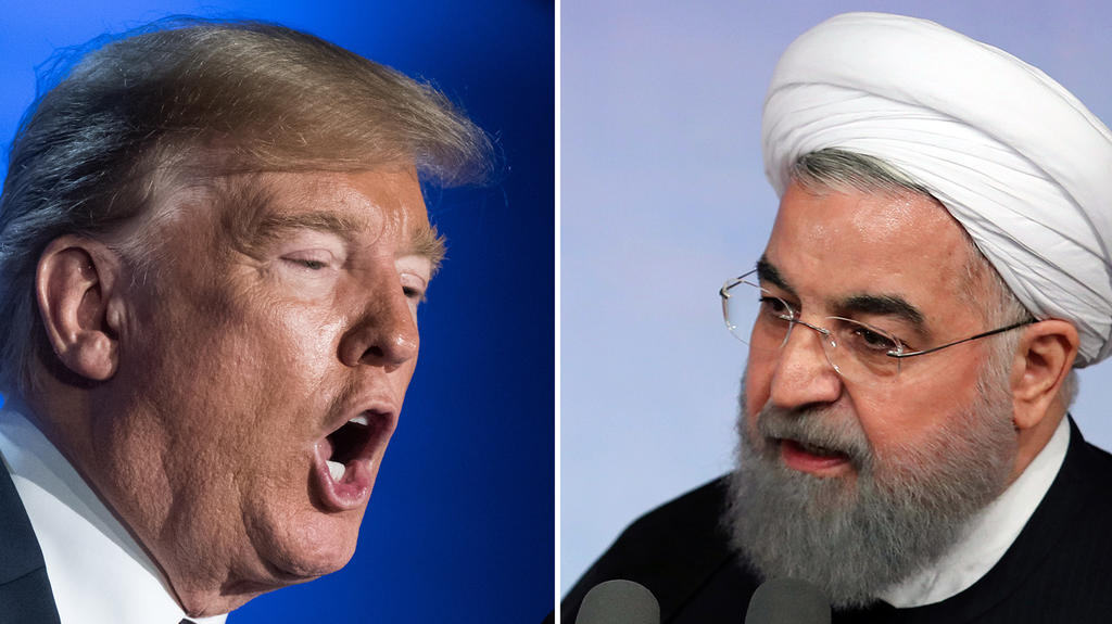 ARCHIV - 07.10.2017, Iran, Tehran: KOMBO - Die Kombo zeigt Donald Trump, Präsident der USA (l, 12.07.2018, Brüssel) und Hassan Ruhani, Präsident des Iran (07.10.2017, Teheran). (zu dpa "Irans Präsident schlägt Trumps Gesprächsangebot aus" am 12.05.20