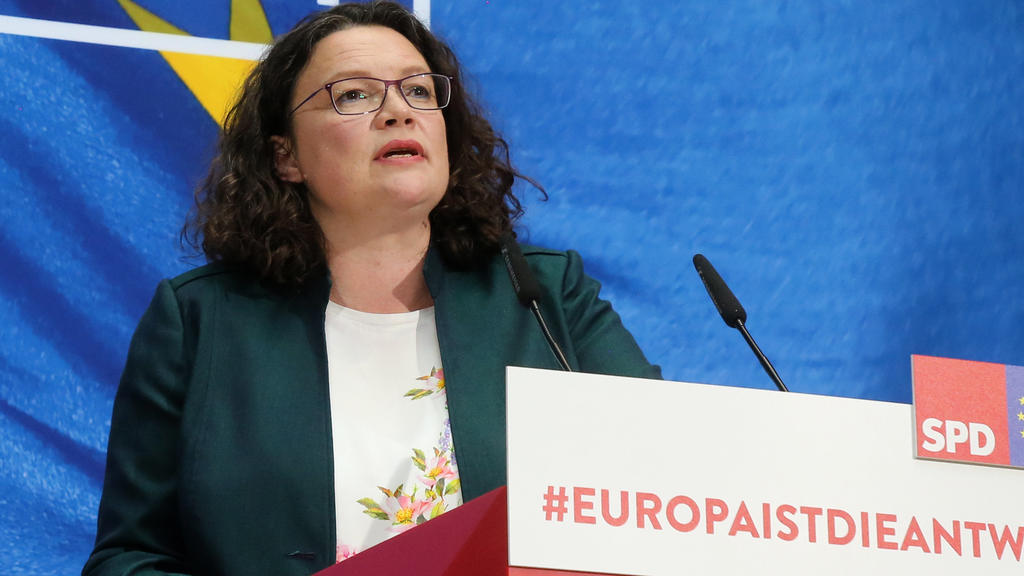 26.05.2019, Berlin: Andrea Nahles (SPD), Parteivorsitzende, äußert sich auf einer Pressekonferenz der SPD zum Ergebnis der Europawahl. Foto: Wolfgang Kumm/dpa +++ dpa-Bildfunk +++