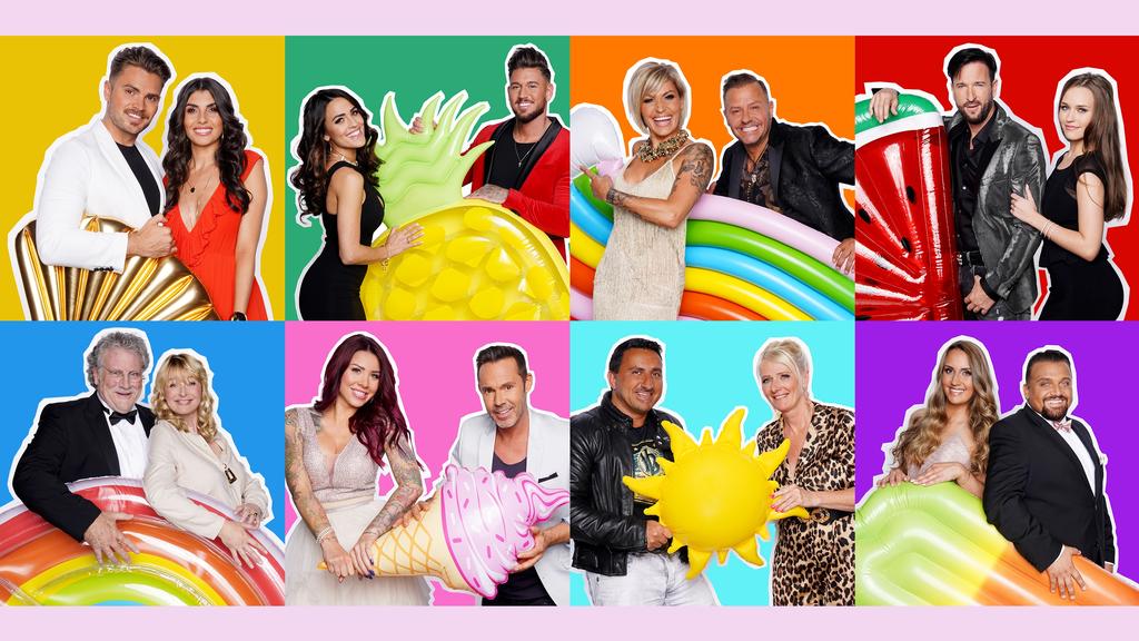 V.l.: Yeliz Koc und Johannes Haller, Elena Miras und Mike Heiter, Jasmin und Willi Herren, Laura Müller und Michael Wendler (oben), Jessika Cardinahl und Quentin Parker, Kate Merlan und Benjamin Boyce, Steffi und Roland Bartsch und Senay Ak und Menow