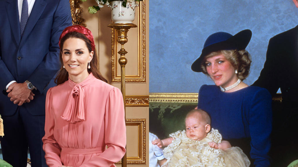 Herzogin Kate auf Archies Tauffoto und Prinzessin Diana auf Prinz Harrys Tauffoto.