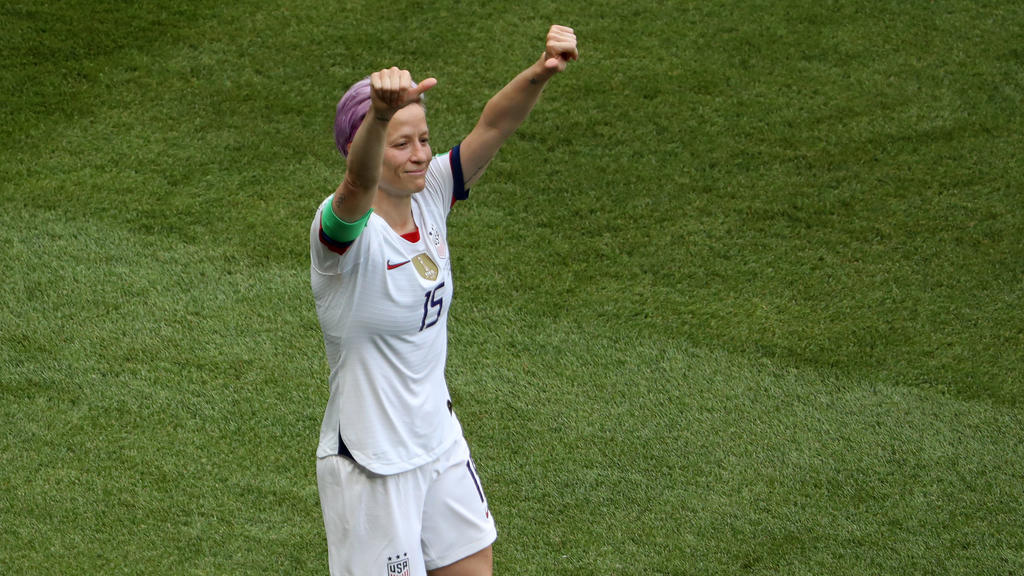 LYON, FRANCE - JULY 07: Megan Rapinoe of the USA celebrates after scoring her team's first goal during the 2019 FIFA Women's World Cup France Final match between The United States of America and The Netherlands at Stade de Lyon on July 07, 2019 in L