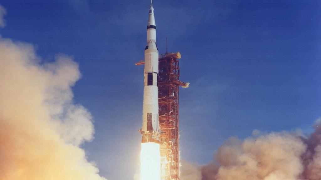 July 16, 1969 - Kennedy Space Center, U.S. - Saturn V launch vehicle (SA-506) for the Apollo 11 mission liftoff at 8:32 am CDT, July 16, 1969, from launch complex 39A at the Kennedy Space Center. Apollo 11 was the first manned lunar landing mission w