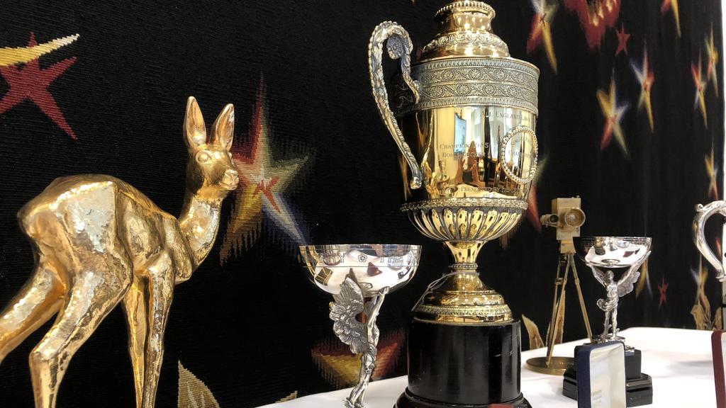 08.07.2019, Großbritannien, London: Ein Bambi, zwei Renshaw-Trophäen, die Nachbildung eines Wimbledon-Pokals und die Goldene Kamera aus dem Jahr 1989 der deutschen Sportlegende Boris Becker sind während einer Online-Auktion zu sehen. Bis Donnerstag,