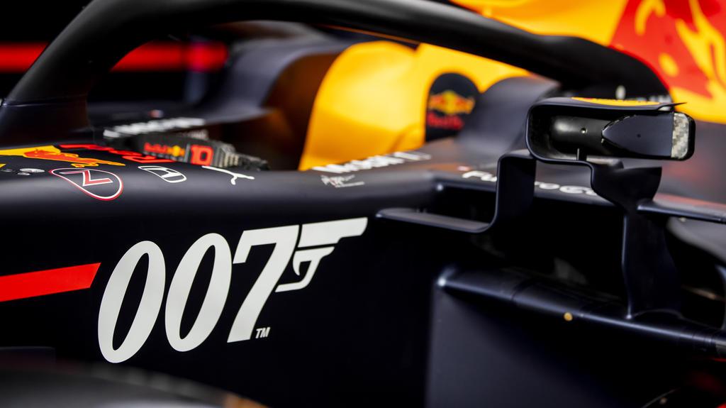 NORTHAMPTON, ENGLAND - JULY 10: The 007 special livery of the Red Bull Racing RB15 is seen in the garage during previews ahead of the F1 Grand Prix of Great Britain at Silverstone on July 10, 2019 in Northampton, England. (Photo by Mark Thompson/Gett
