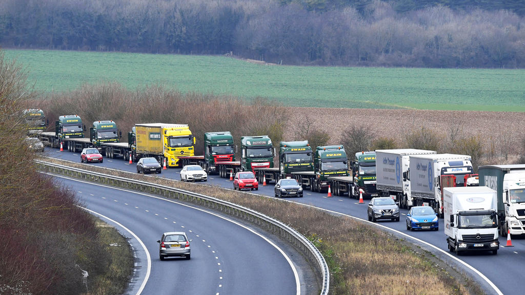 FILE PHOTO: A line of lorries is seen during a trial between disused Manston Airport and the Port of Dover of how road will cope in case of a "no-deal" Brexit, Kent, Britain January 7, 2019. REUTERS/Toby Melville/File Photo