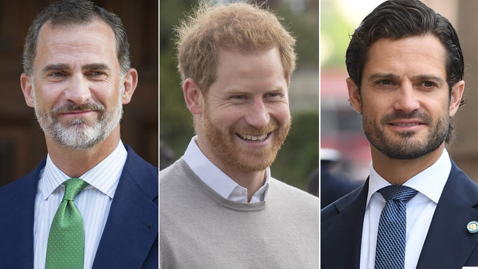 Auch diese Royals haben Mut zum Bart: König Felipe, Prinz Harry und Prinz Carl Philip von Schweden.