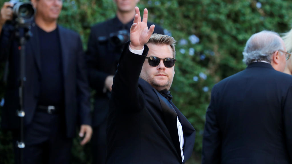 James Corden gestures as he attends the wedding of fashion designer Misha Nonoo at Villa Aurelia in Rome, Italy, September 20, 2019. REUTERS/Remo Casilli
