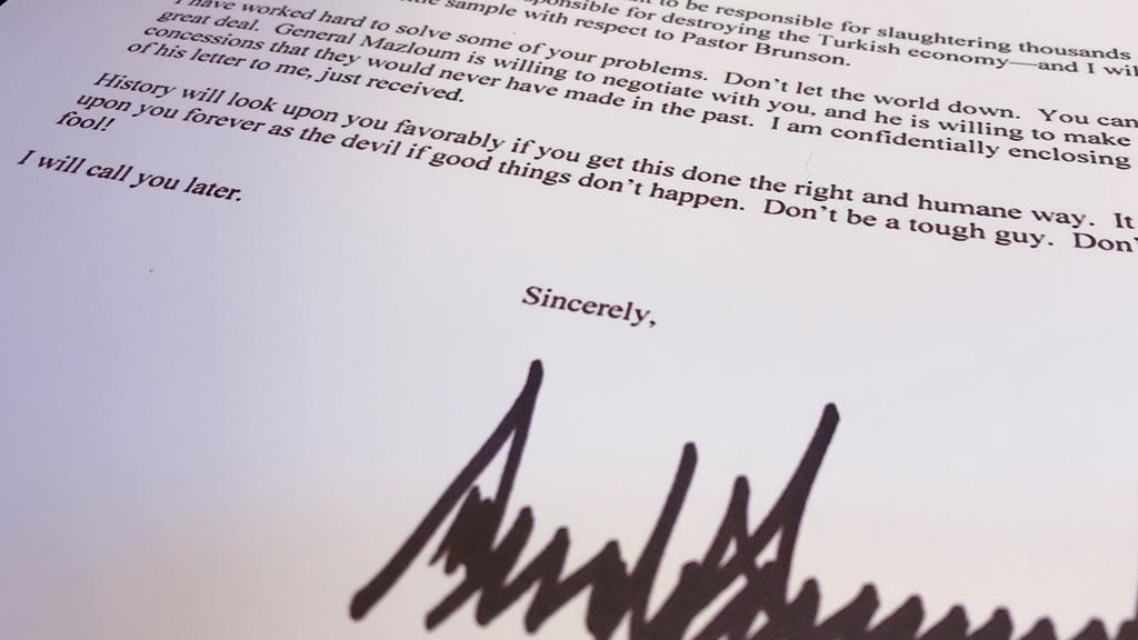 An October 9 letter from U.S. President Donald Trump to Turkey's President Tayyip Erdogan warning Erdogan about Turkish military policy and the Kurdish people in Syria is seen after being released by the White House in Washington, U.S. October 16, 20