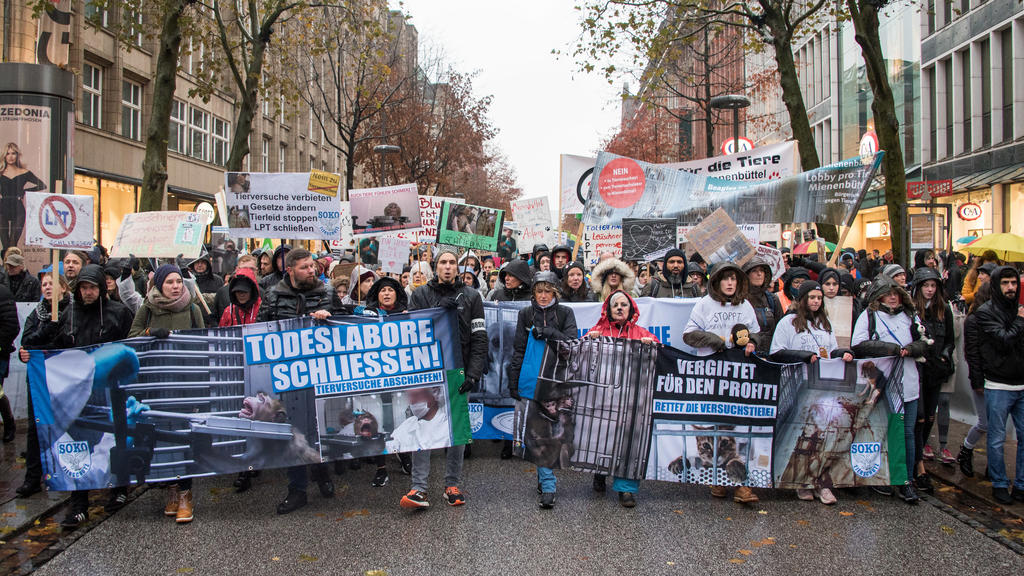 16.11.2019, Hamburg: Teilnehmer einer Demonstration gegen Tierversuche ziehen in Hamburg mit Transparenten mit der Aufschrift «Todeslabore schließen! Tierversuche abschaffen» (l) und «Vergiftet für den Profit! Rettet die Versuchstiere» durch die Inne