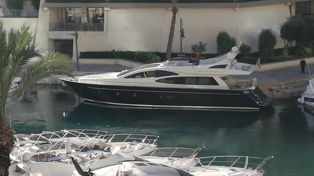 A yacht, which is believed to have been intercepted by Maltese police to arrest prominent businessman Yorgen Fenech in connection with an investigation into the murder of journalist Daphne Caruana Galizia, according to sources, is seen docked at a th