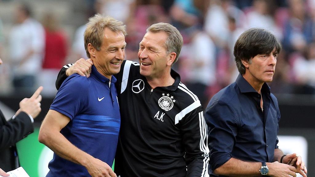 DFB Deutschland, Köln, 10.06.2015, Fussball, FIFA, Länderspiel, Deutschland DFB - USA (1:2): v.l. Jürgen Klinsmann (Trainer USA), Andreas Köpke (Torwart-Trainer DFB), Joachim Löw (Trainer DFB).DFB Germany Cologne 10 06 2015 Football FIFA internationa
