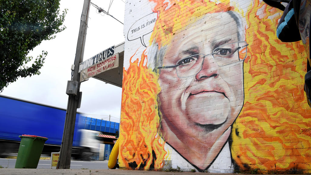 SCOTT MORRISON MURAL MELBOURNE, A mural depicting Australian Prime Minister Scott Morrison among bushfire flames is seen in Tottenham, Melbourne, Tuesday, January 7, 2020. Scott Morrison s handling of the Australian Bushfire crisis has been widely c