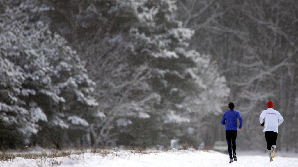 Bei Schneetreiben laufen zwei Jogger am Mittwoch (28.12.2005) auf einem Feldweg bei Heusenstamm (Kreis Offenbach) in den verschneiten Wald. Der Winter zeigt sich von seiner typischen Seite mit Schneefall und Temperaturen um null Grad. Foto: Frank May