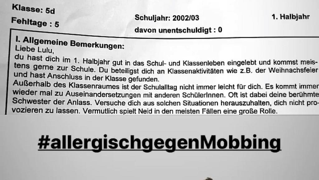 Bei Instagram veröffentlichte Lulu einen Auszug aus ihrem Halbjahrszeugnis 2002/2003.