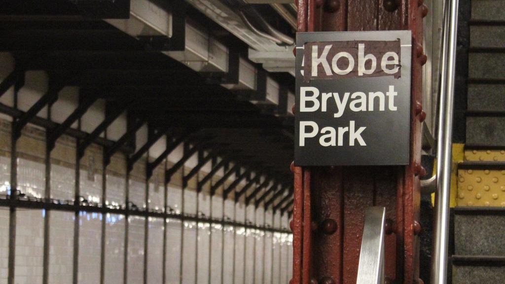 View of the sign with the name Kobe placed just above the 42 St-Bryant Park sign on the 7 line of the New York Subway, which connects the neighborhoods of Flushing Queens and Hudson Yards Manhattan, in New York, USA, 27 January 2020. New York subway