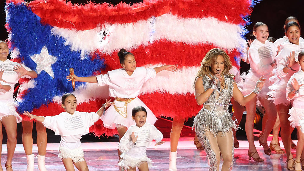 Shakira and Jennifer Lopez perform onstage during the Pepsi Super Bowl LIV Halftime Show at Hard Rock Stadium on February 02, 2020 in Miami, Florida.Pictured: Jennifer LopezRef: SPL5144930 020220 NON-EXCLUSIVEPicture by: Chris Victorio/imageSPACE / S