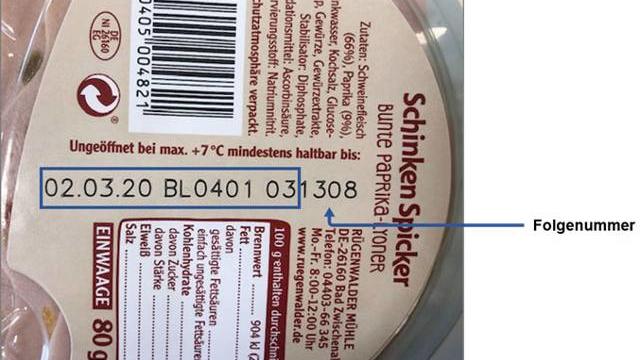 Mindesthalbarkeitsdatum und Chargennummer der zurückgerufenen "Schinken Spicker"-Wurst.