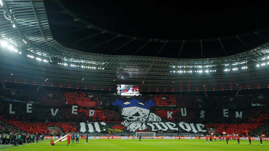 Soccer Football - Bundesliga - Bayer Leverkusen v Borussia Dortmund - BayArena, Leverkusen, Germany - February 8, 2020 General view of a Bayer Leverkusen tifo inside the stadium before the match REUTERS/Leon Kuegeler DFL regulations prohibit any