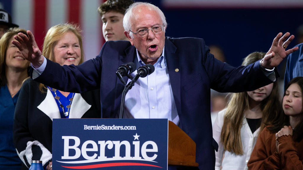 Democratic presidential candidate Sen. Bernie Sanders addresses the crowd during his Super Tuesday rally at the Champlain Valley Expo in Essex Junction, Vermont on Tuesday, March 3, 2020. Bernie Sanders won his home state of Vermont with former Vice