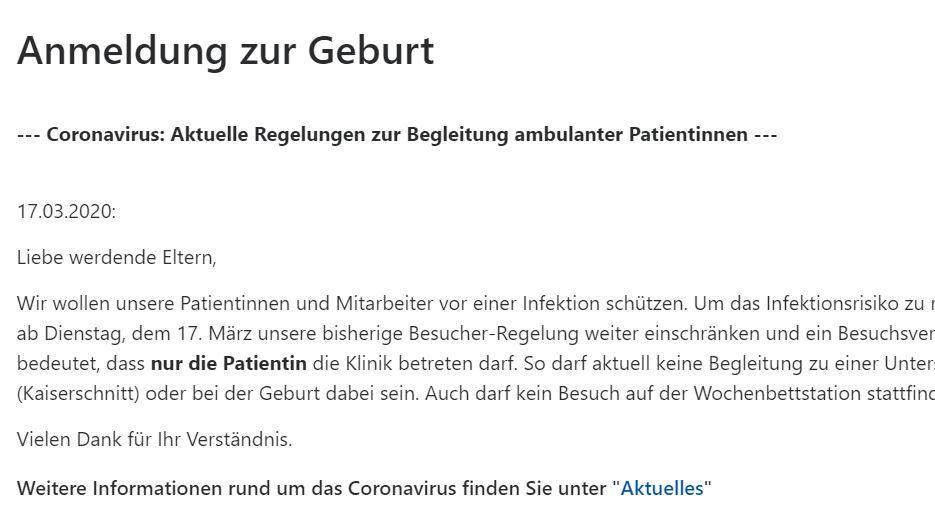 Screenshot Mitteilung Änderungen Coronavirus Uniklinik Bonn