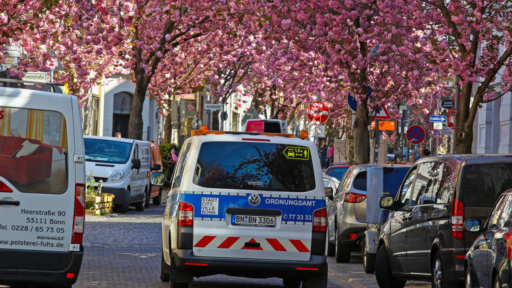 Traumwetter bei angenehmen Temperaturen, Baumbluete, Kirschbluete in der Heerstrasse in Bonn, dass Ordnungsamt ist unterwegs und schaut ob die Vorgaben wegen des Coronavirus eingehalten werden Fruehling in NRW am 06.04.2020 in Bonn/Deutschland. ACHT