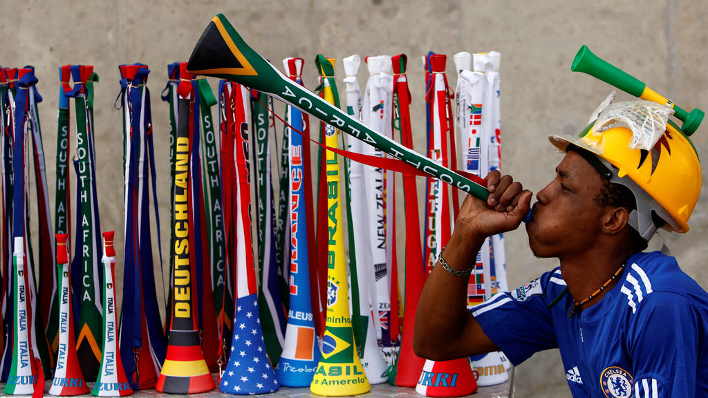 FILE PHOTO: ON THIS DAY -- March 26 March 26, 2010 SOCCER - South African street vendor, Mpho Qhalane, blows a Vuvuzela outside the FNB Stadium during a game between Johannesburg Soccer Legend and City of Johannesburg municipal workers ahead of