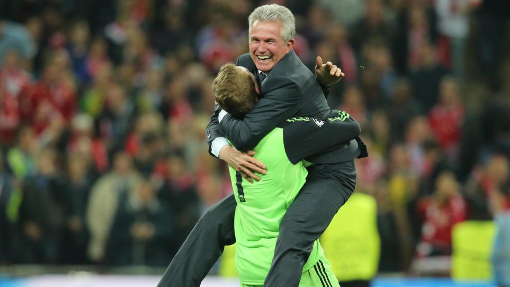 London, Grossbritannien, Herren Fussball, UEFA Champions League finale, Borussia Dortmund vs FC Bayern München, 25.05.2013, Wembley London, Manuel Neuer, Jupp Heynckes, jubeln,