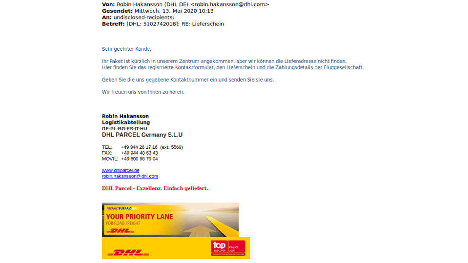 Das Beispiel der Polizei Niedersachsen für eine Phishing-Mail im Namen von DHL