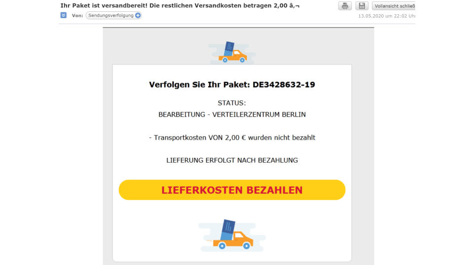 In dieser Phishing-Mail fordert DHL angeblich Transportkosten an