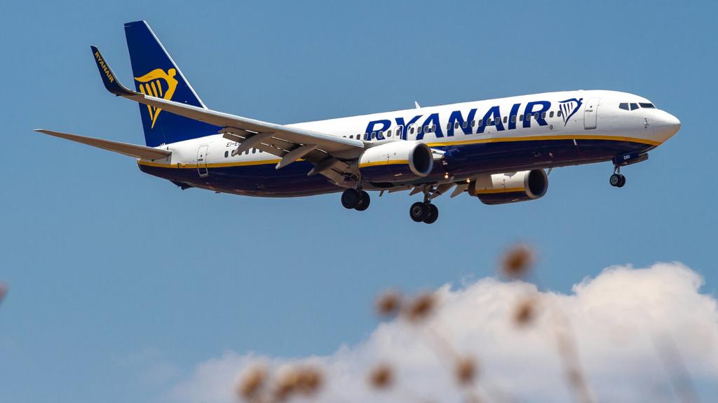 July 15, 2019 - Athina, Attica, Greece - Ryanair Boeing 737-800 aircraft landing at Athens International Airport AIA Eleftherios Venizelos ATH LGAV during a summer blue sky day. The airplane has 2 CFM56-7 jet engines and the registration EI-EBS. Rya
