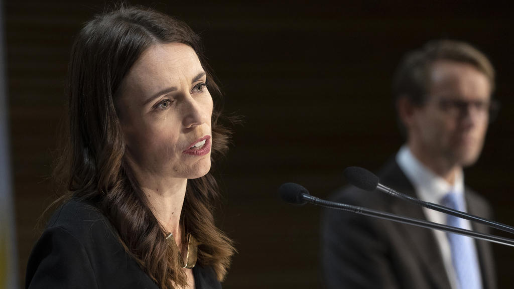 Prime Minister Jacinda Ardern during the post-Cabinet press conference with Director General of Health Dr Ashley Bloomfield in Wellington, New Zealand, Monday May 11, 2020. Ardern on Monday announced a plan to re-open the economy and the nation’s s