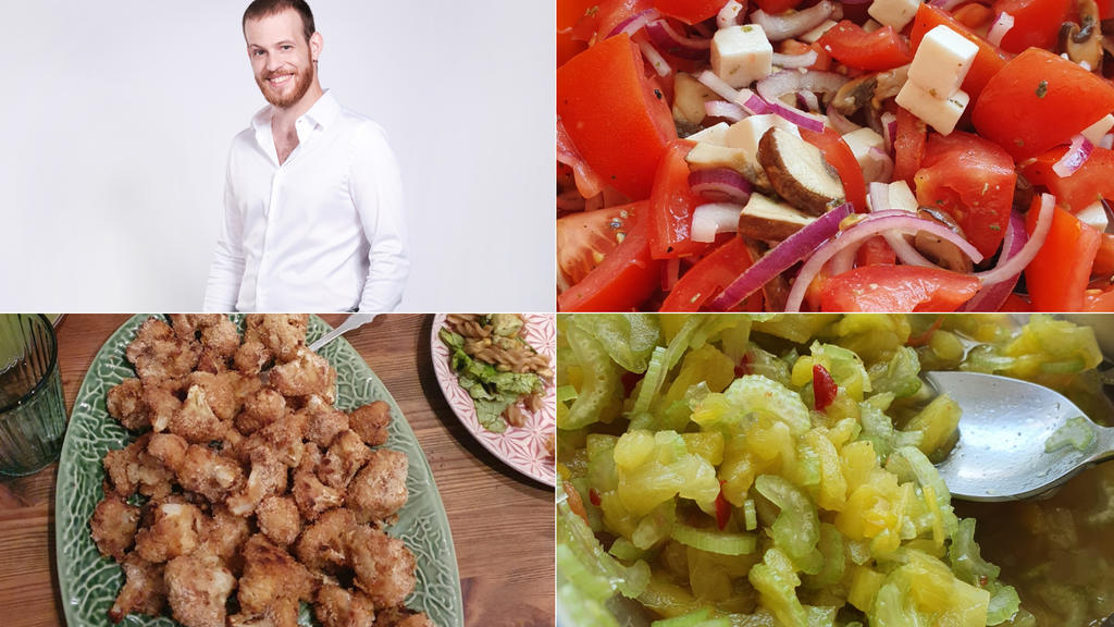 Patrick Müller präsentiert einen Tomaten-Champignon-Veganer-Feta-Salat /Blumenkohl Wings und einen Ananas-Sellerie Salat.