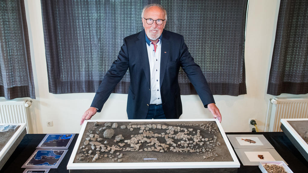 04.07.2020, Schleswig-Holstein, Groß Pampau: Gerhard Höpfner, Grabungsleiter, präsentiert die Überreste einer rund elf Millionen Jahre alten Lederschildkröte (Psephophorus). Erstmals sind in einer Tongrube nördlich von Hamburg Überreste des mindesten