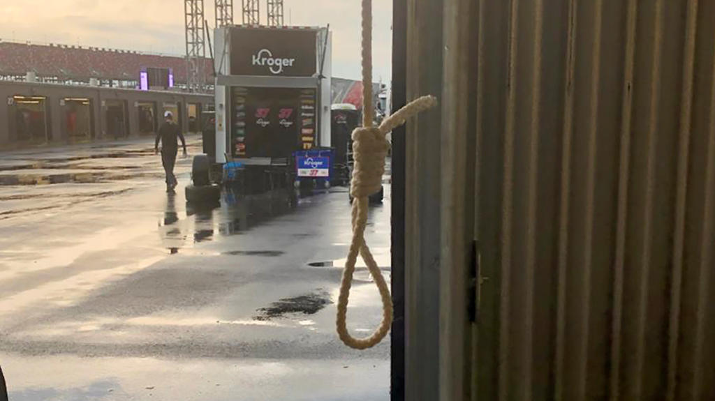 A noose found in the Number 43 garage stall, assigned to driver Bubba Wallace, at Talladega Superspeedway in Talladega, Alabama, U.S. June 21, 2020 is seen in a photograph released by NASCAR on June 25, 2020. NASCAR/Handout via REUTERS. NO RESALES