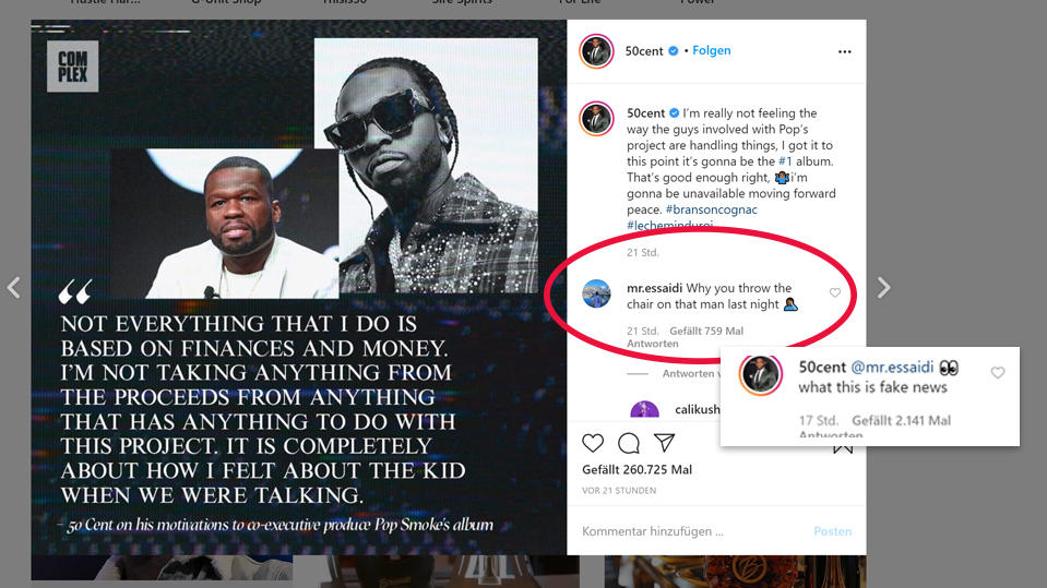 50 Cent reagiert auf seiner Instagram-Seite auf den Kommentar eines Users der fragt, warum er den Stuhl nach dem Mann geworfen habe - der Rapper reagiert und schreibt, dass das "Fake News" seien.