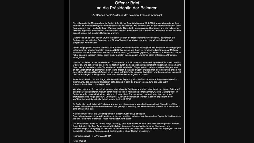 Der offene Brief von Peter Wackel an die Präsidentin der Balearen