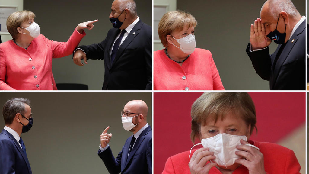 17.07.2020, Belgien, Brüssel: KOMBO - Die Bildkombo zeigt unterschiedliche Begrüßungs-Szenen von Bundeskanzlerin Angela Merkel, ihrem bulgarischen Amtskollegen Boiko Borissow (oben links und unten links) und dem zypriotischen Präsidenten Nicos Anasta