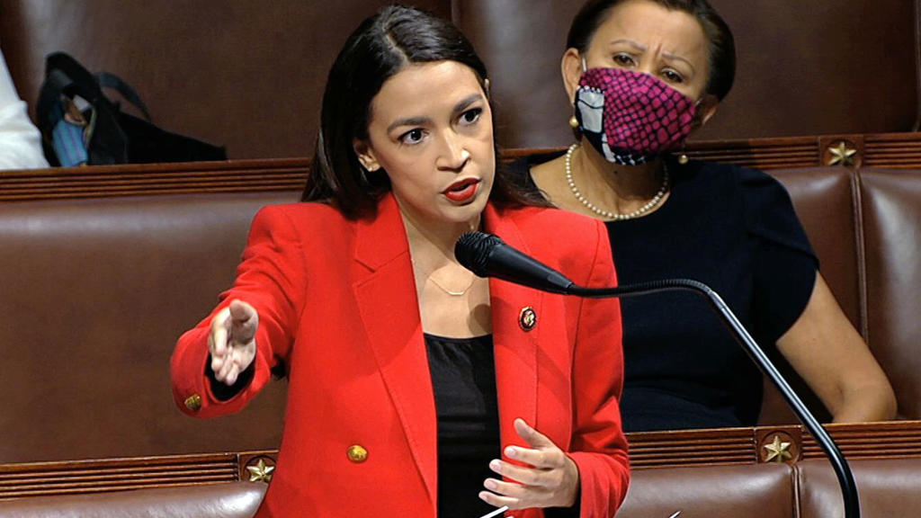 In this image from video, Rep. Alexandria Ocasio-Cortez, D-N.Y., speaks on the House floor, Thursday, July 23, 2020 on Capitol Hill in Washington. Ocasio-Cortez's objections to a Republican lawmaker's verbal assault on her expanded Thursday as she