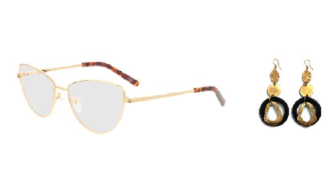 Stylishe Kombination: goldene Brille mit Statement-Ohrringen